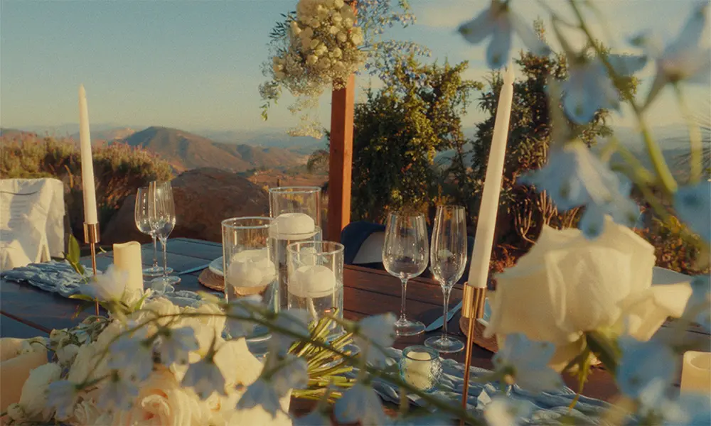 Outdoor Fallbrook wedding reception setup filmed by a San Diego wedding videographer